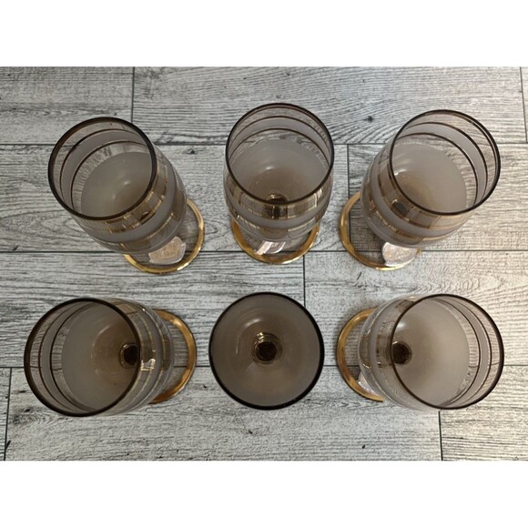Vintage Bohemia Smoke Gray Frosted Gold Band Cordial Glasses Set of 6 Czech - Picture 6 of 7